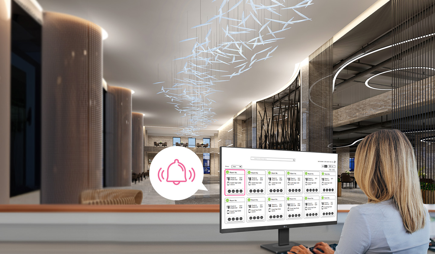 An administrator is monitoring the status of hotel rooms using a PC.
