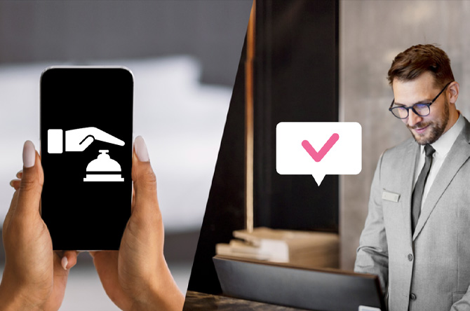 On the left, a scene depicting a customer requesting room service via phone is displayed, while on the right, a hotelier is depicted checking customer requests in real-time using a PC.