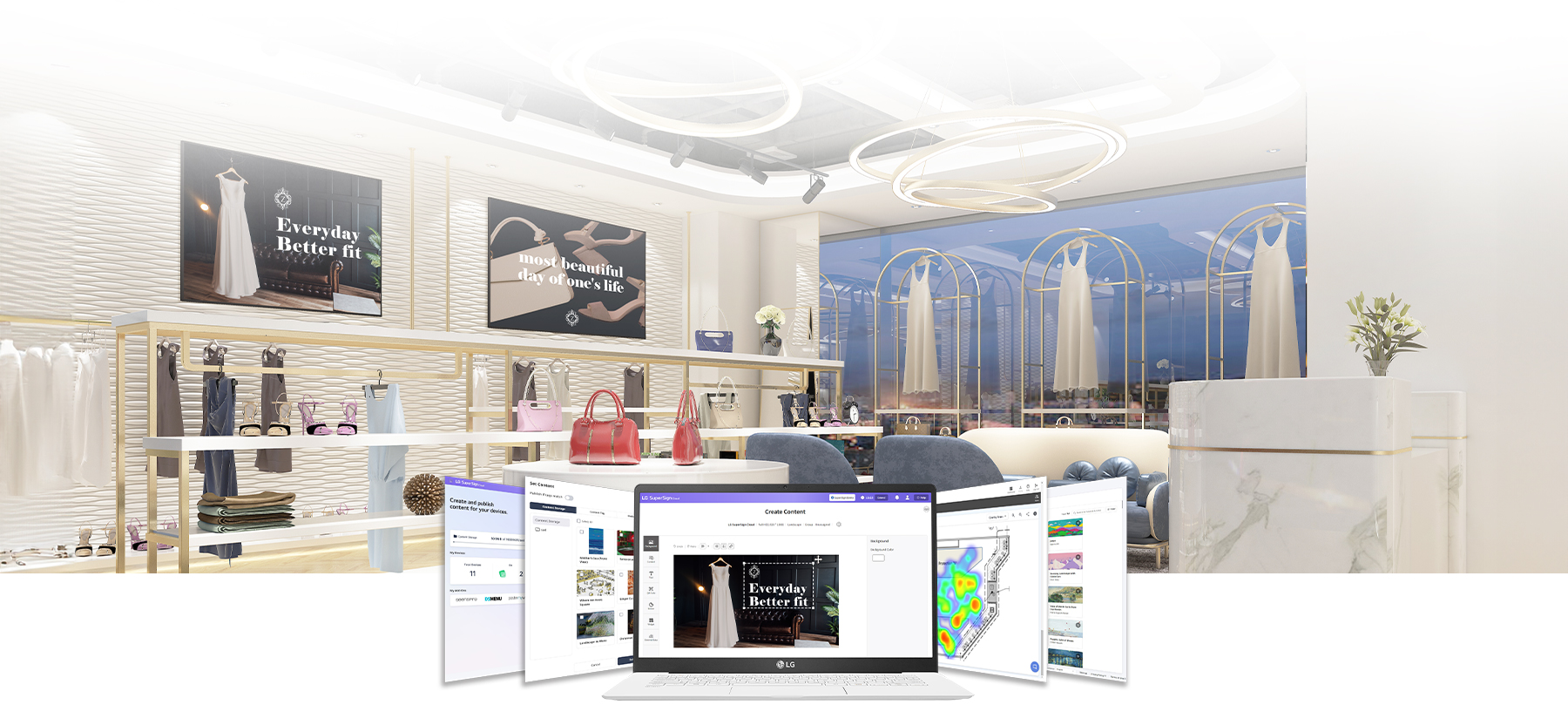 This shows an image of a retail clothing store with five browser windows from LG SuperSign Cloud displayed at the bottom. The central window showcases the content creation process and how the created content is applied to in-store displays.
